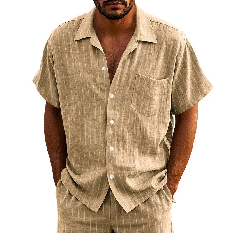Men Linen‑Blend Vertical Stripe 2‑Piece Set, Camp Collar Short Sleeve Shirt & Matching Drawstring Shorts Outfit