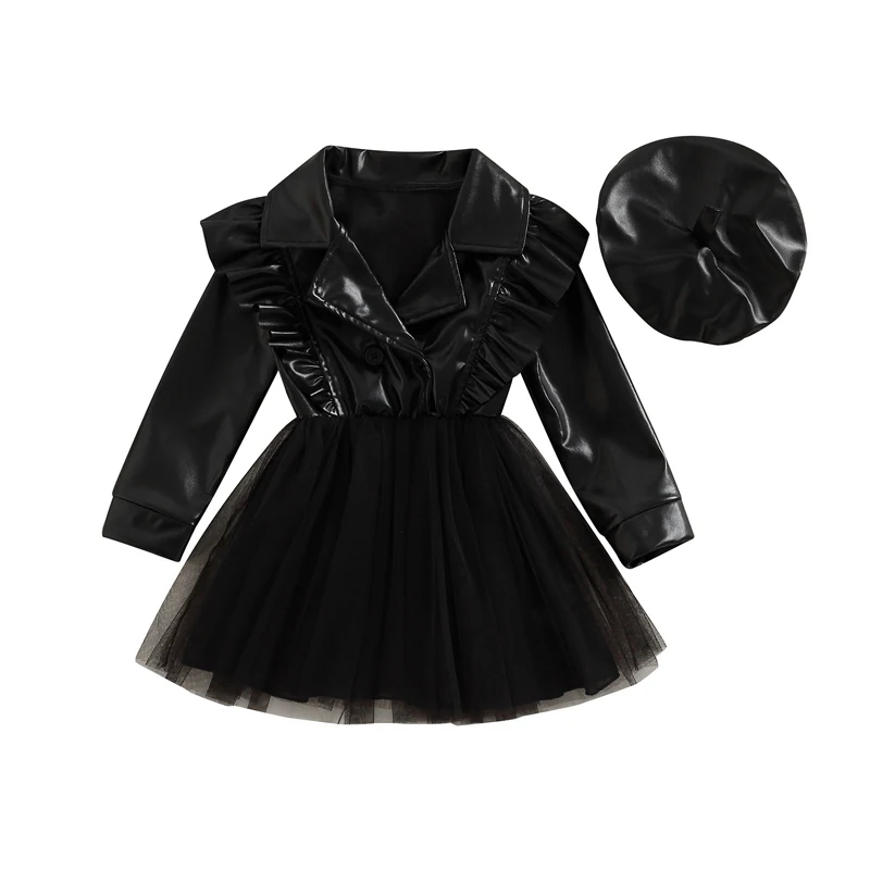 

Toddler Girls Spring Autumn A-line Dress Long Sleeve Lapel PU Leather Tulle Patchwork Dress with Hat