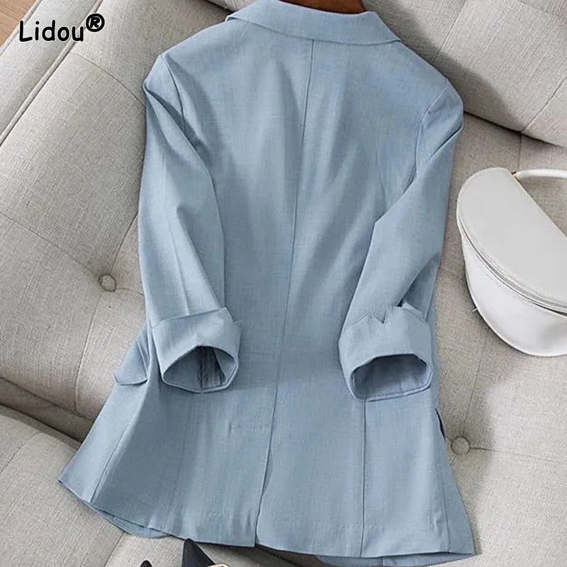 Temperament Notched Knop Effen Kleur Losse Office Lady Fashion Formele Casual Blazers Dameskleding Lente Zomer Dunne Tops