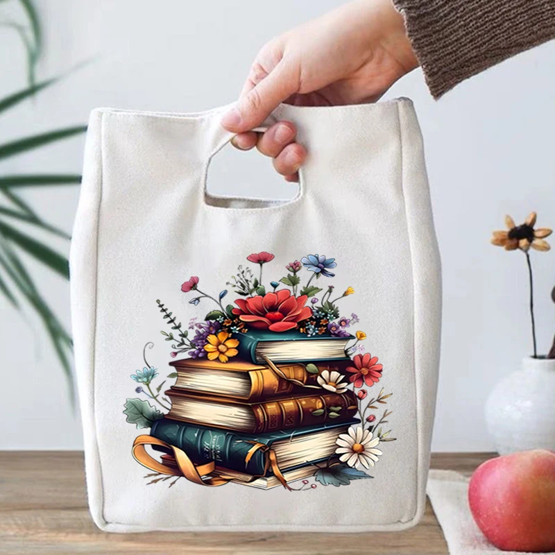 Reading Lover Canvas Insulation Bags Flower Book Print Teacher Insulated Lunch Bag Vintage Flowers Book Gift Thermal Lunch Bags