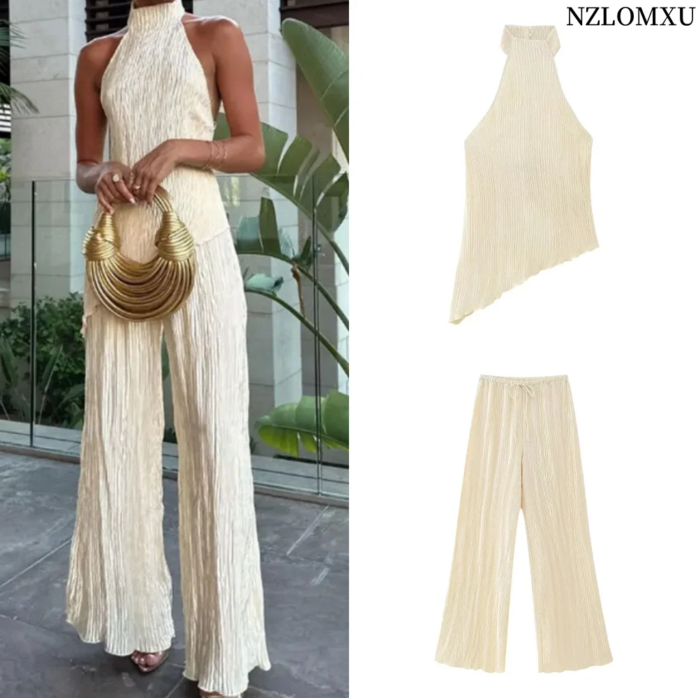 2023 Women 2 Pieces Sets Fashion Asymmetric Halter Top Women Suit Casual Ruched Long Pants Set Womens Outfits