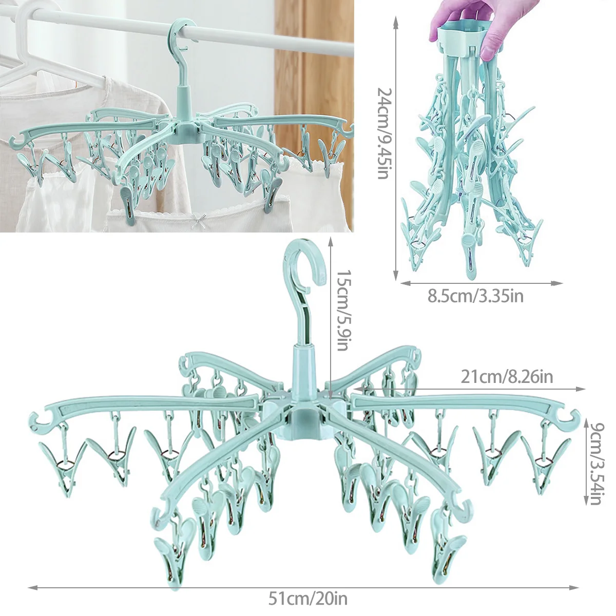 Sock Drying Rack 24 Clips Plastic Laundry Clothes Hanger Sock Hanging Rack Foldable Portable Clothes Drying Rack for Underwear