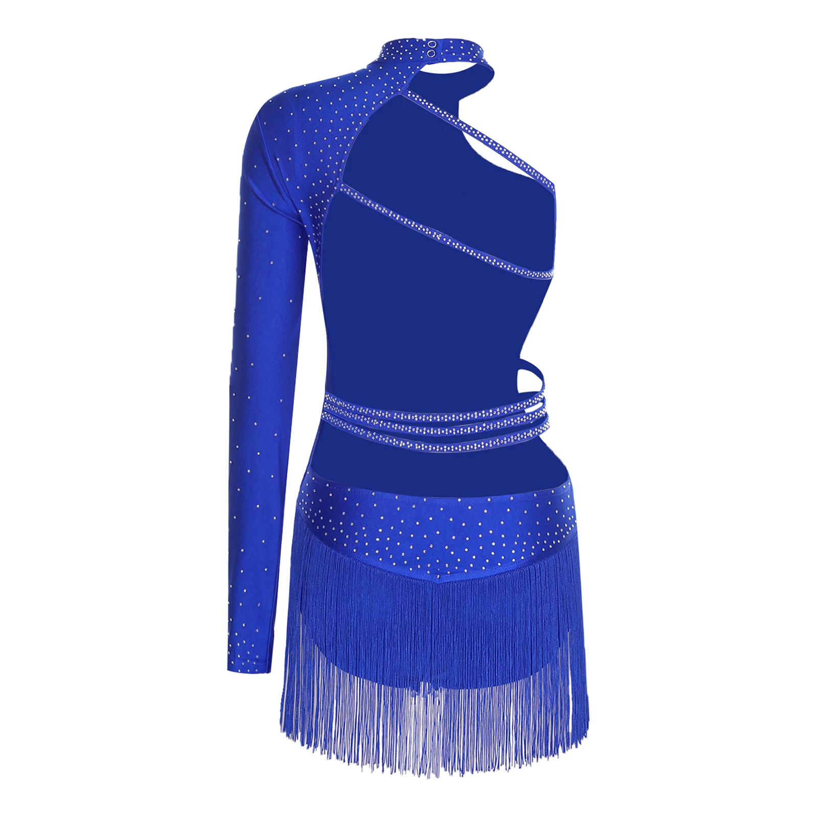 여성용 라틴 댄스 드레스 싱글 롱 슬리브 스트랩 백리스 태슬 스커트 레오타드 점프수트 차차 탱고 댄스 바디수트