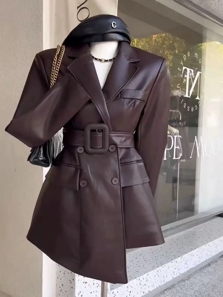 

Coffee Pu Leather Women Coats Y2K Streetwear Slim Hepburn Style Lace Up Chic Jacket Autumn Korean Female Lapel Suit Pu Outwear