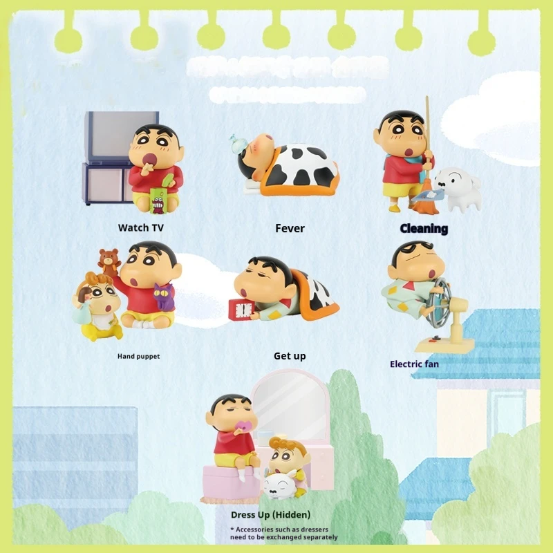 Miniso crayon shin-chan caixa cega genuína vida diária série móvel brinquedo surpresa figuras de ação boneca brinquedo ornamento decoração presente