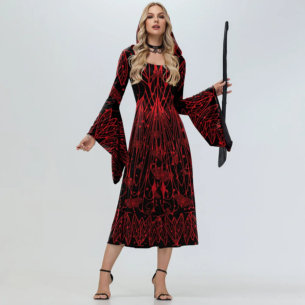 

Halloween Witch Cosplay Costumes for Women Medieval Robe Hooded Dress Party Disguise Carnival Stage Performance Dress Up Female