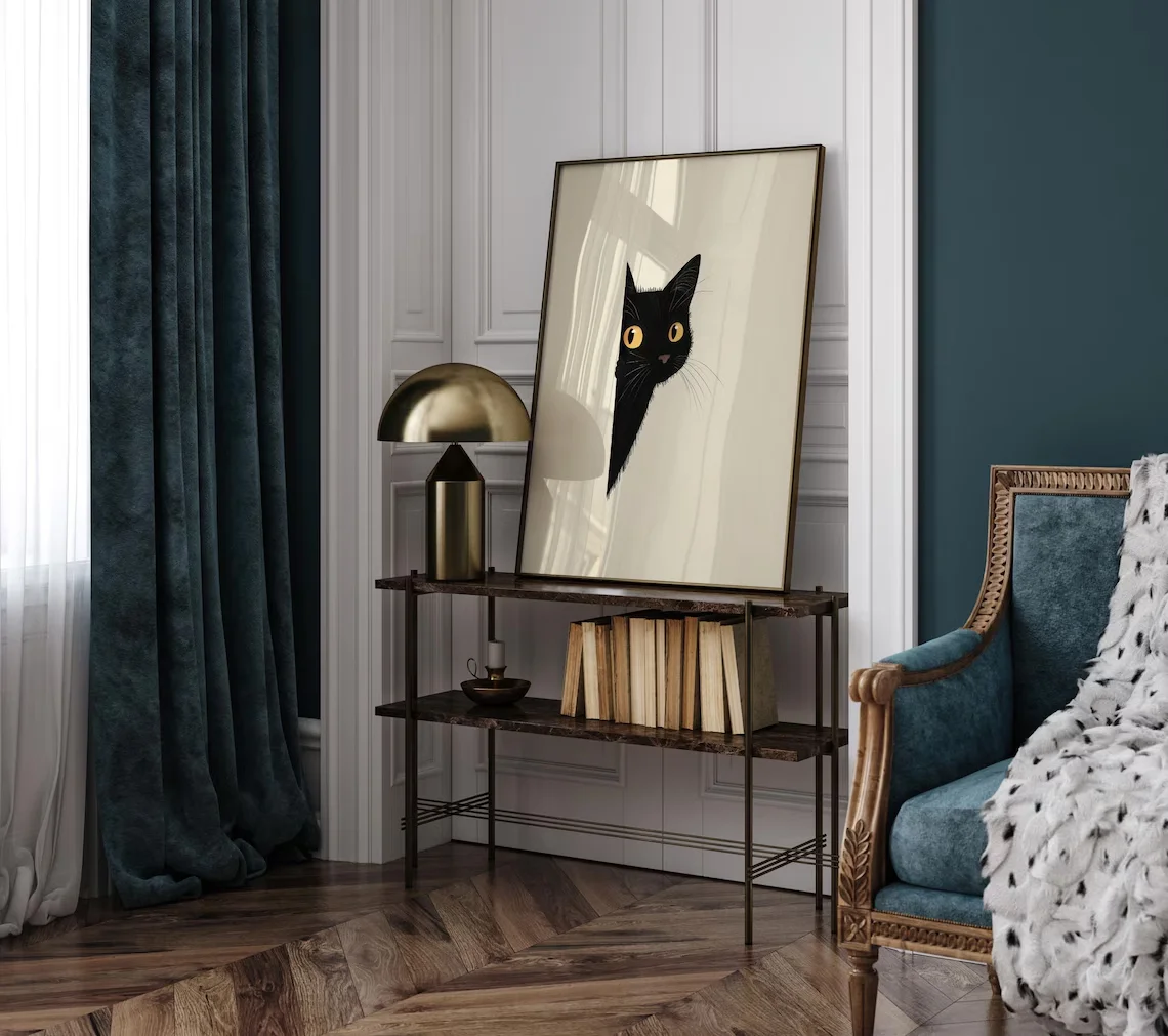 Abstract Black Cat Drawing, Minimalist, Boho Home Decor, Nursery Room Poster, Animal Sketch, Modern, Neutral Earth Tones, Animal