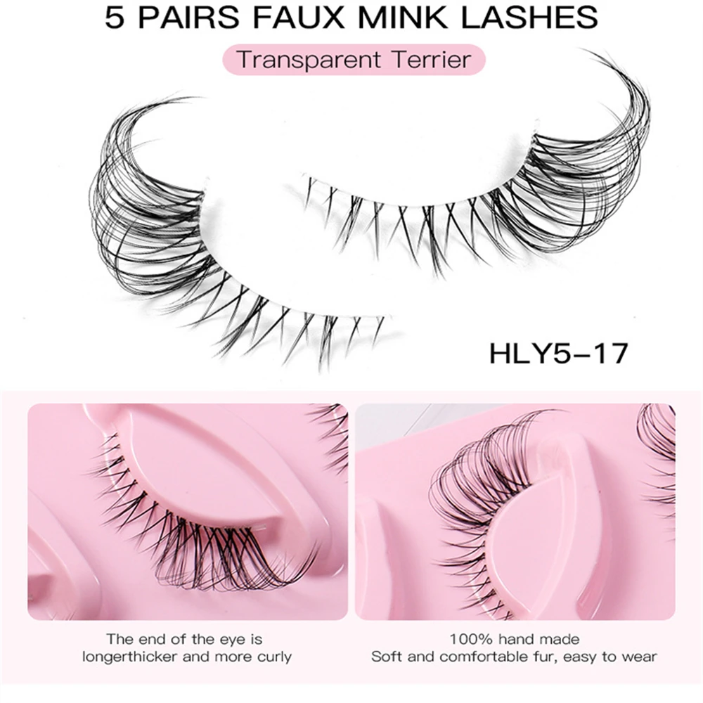 5 Pairs Transparent Terrier Faux Mink Eyelashes Soft Comfortable Long Thick Curly Fox Eye Lashes Easy to Wear