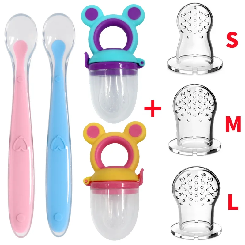 Silicone Baby Food Pacifier with Spoon Set Infant Food Vegetable Fruit Feeder Toddler Soft Spoons Kids Feeding Nipple Soother