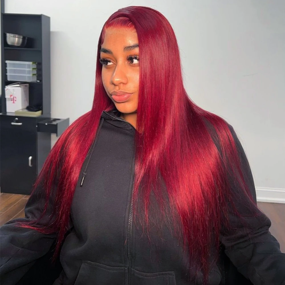 

99j Бордовый 13x5 Парики из натуральных волос на кружеве спереди 16-36 дюймов Прямые парики из натуральных волос HD Прозрачный кружевной цветной винно-красный парик