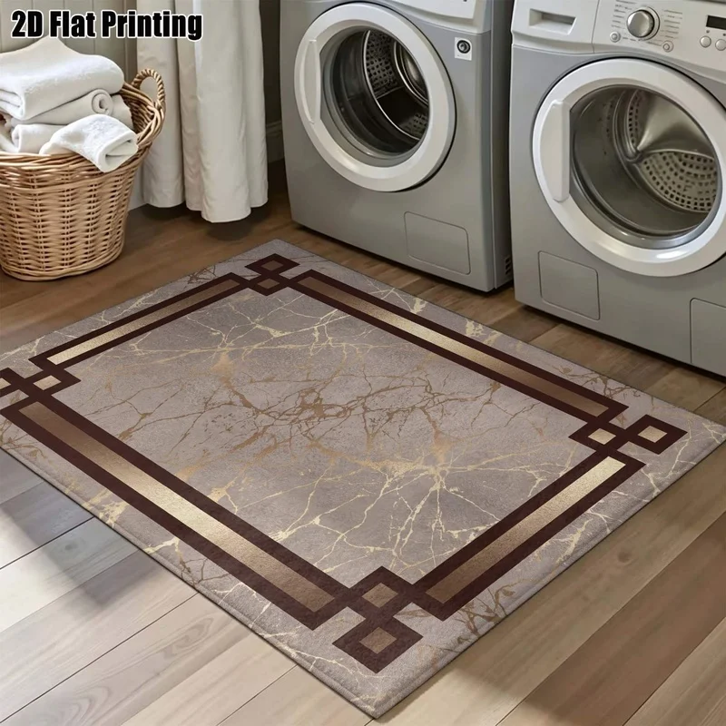 Large Indoor Area Rug Soft Velvet Low Pile Machine Washable, Gray Gold Marble Vein Pattern with Dark Geometric Border, Great for Living Room Bedroom Entryway Home Floor Decor