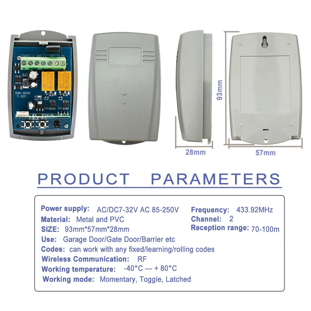 433MHz Universal Garage Door Receiver is Controlled By 433 MHz RF Remote Control or Keypad AC DC 7-32V 220V 2CH Relay Module