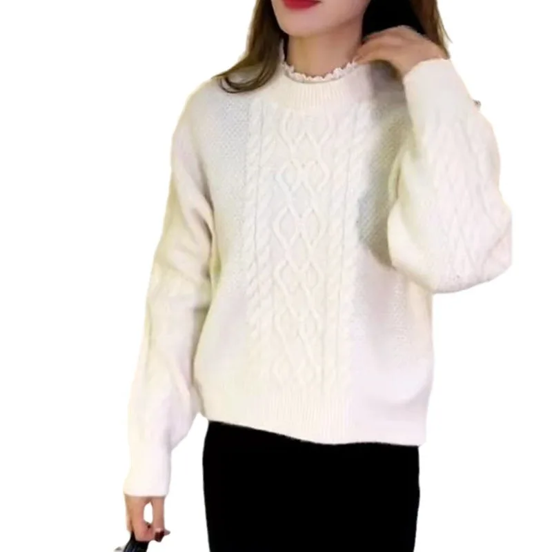 Fake Two-piece All-match Lace Stitching Sweater Sweet College Style Winter and Spring Knitted Top for Women