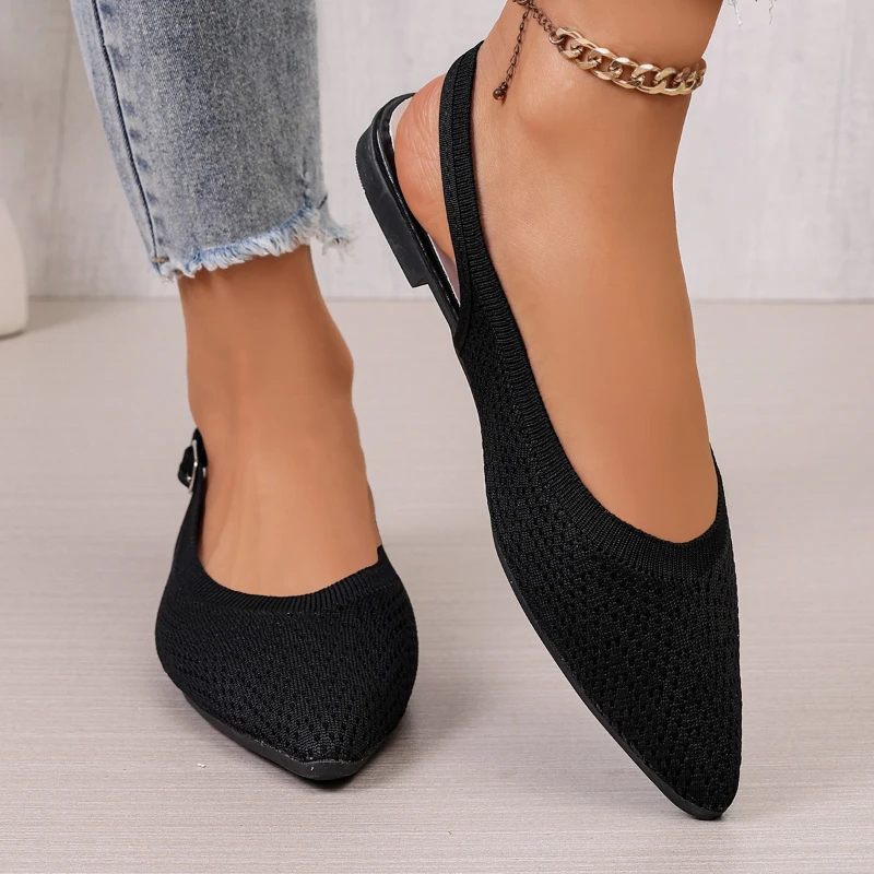 Breathable Knitted Women's Flat Shoes New Summer Style Brand Buckle Designer Women's Sandals Elegant Pointed Toe Loungewear 2026