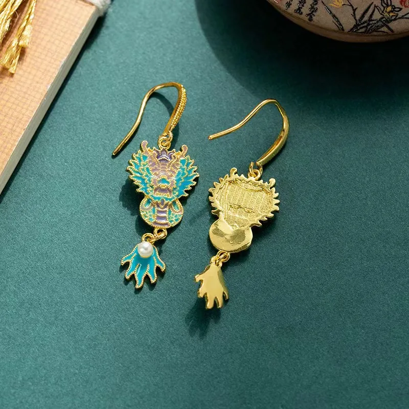 Chinese Style Vintage Silver Gilding Gilded Gold Filigree Enamel Dragon Pearl Earrings for Women HanFu Cheongsam Jewelry Gift