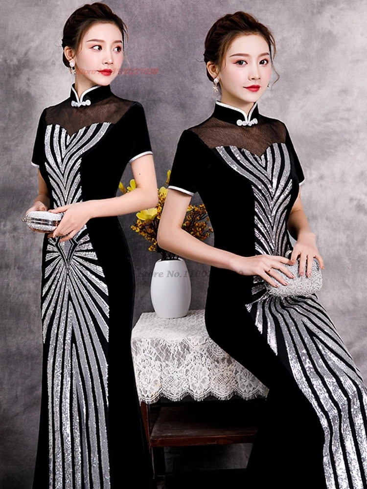 

2024 chinese vintage dress improved cheongsam oriental banquet evening dress national flower sequin velvet qipao formal dress