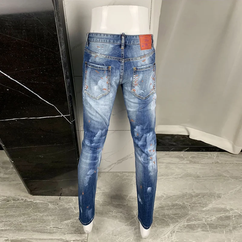 Street Fashion Men Jeans Retro Washed Blue Stretch Slim Fit Ripped Jeans Men Painted Designer Hip Hop Brand Denim Pants Hombre