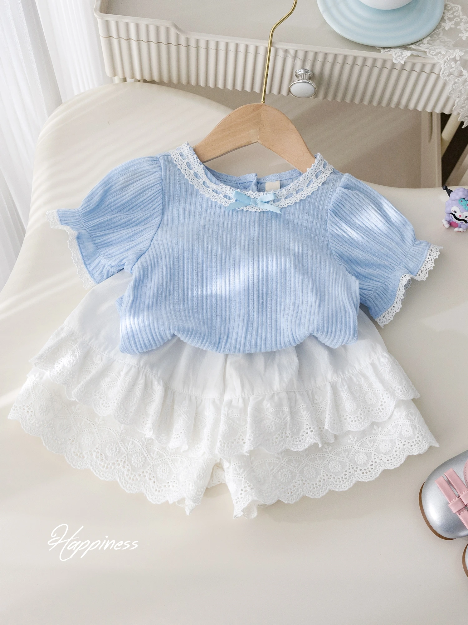 Baby Girls Short Sleeve Set Summer New Sweet Bow Lace O-neck T-shirt Top Fashion Jacquard Loose Shorts Two Piece Suit ﻿