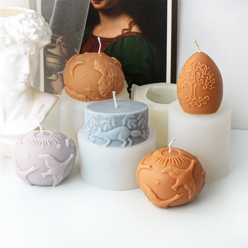 양각 별이 빛나는 구체 기둥 숲 여우, 꽃 실리콘 촛불 몰드, DIY 릴리프 라이프, 나무 알 플라잉 크레인 볼 송진 도구