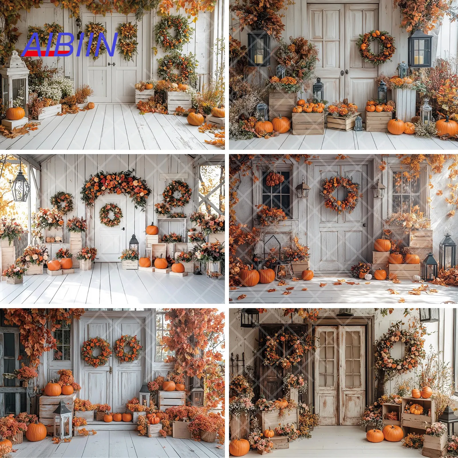 

Деревенский осенний фон для фотосъемки на крыльце, осенний урожай, тыква, цветочный дверной оконный детский семейный портрет, декор для фотозоны, фон
