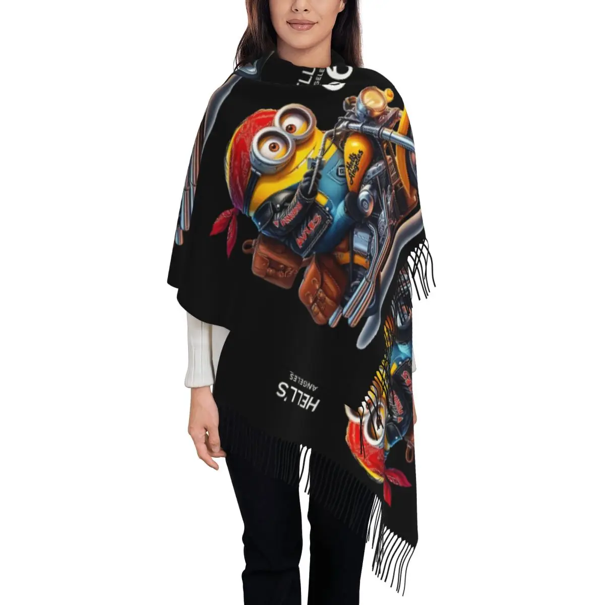 

Мотоциклетный шарф M-Minions на заказ для женщин, длинные зимне-осенние теплые шаль с кисточками, шарфы унисекс