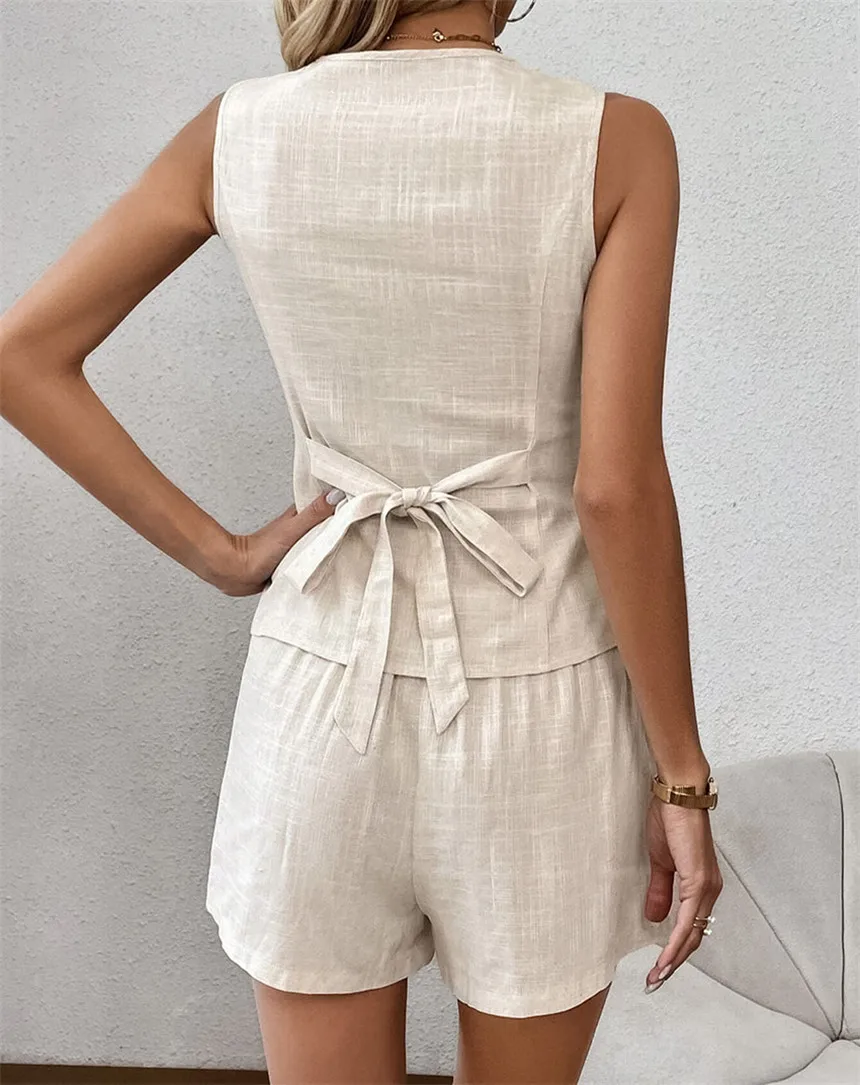 Hot Sale 2026 Summer Women Linen 2 Piece Set Sleeveless Button Vest+High Waist Shorts Casual Commute Outfit For Ladies