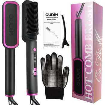 Image OUDIM Hair Straightener Brush with Six Temperature Settings, Ionic Hair Straightening Brush Flat Iron For Women, Anti-Scald Stra