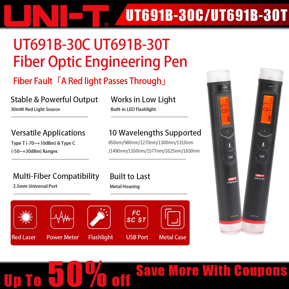 

Professional UNI-T UT691B Fiber Optic Tester Auto Calibration Metal Case Telecom Network Maintenance Measur Tool 30mW Red Light