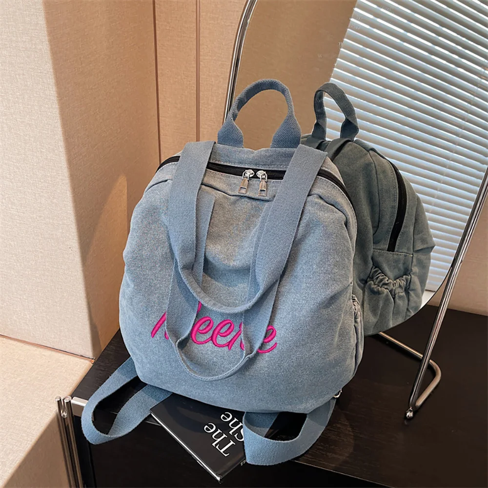 

Популярный женский рюкзак с вышивкой, винтажная джинсовая повседневная сумка через плечо, студенческий рюкзак большой вместимости для поездок на работу