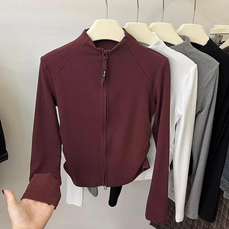 

American Retro Angora Red Stand Collar Long Sleeve T Shirt Cardigan Women's Short Double Zipper Top Winter Commute Style