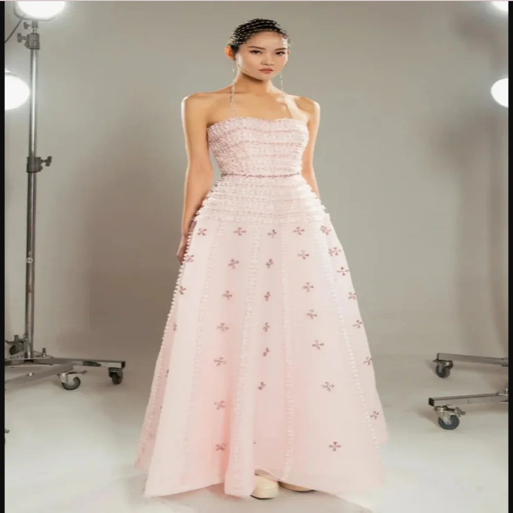 

Elegant Strapless Evening Dresses Crystal Beaded Sleeveless Zipper Back Prom Dress A-Line LongCustomized Formal Vestidos