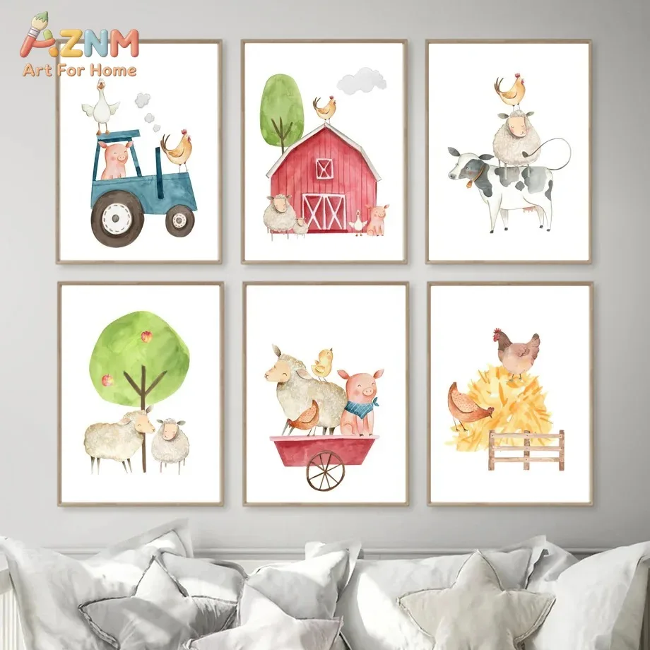 AZNM Watercolor Cute Farm Animal Tractor Barn Canvas Poster, Frameless Rustic Wall Art For Kids Nursery Playroom Bedroom Interio