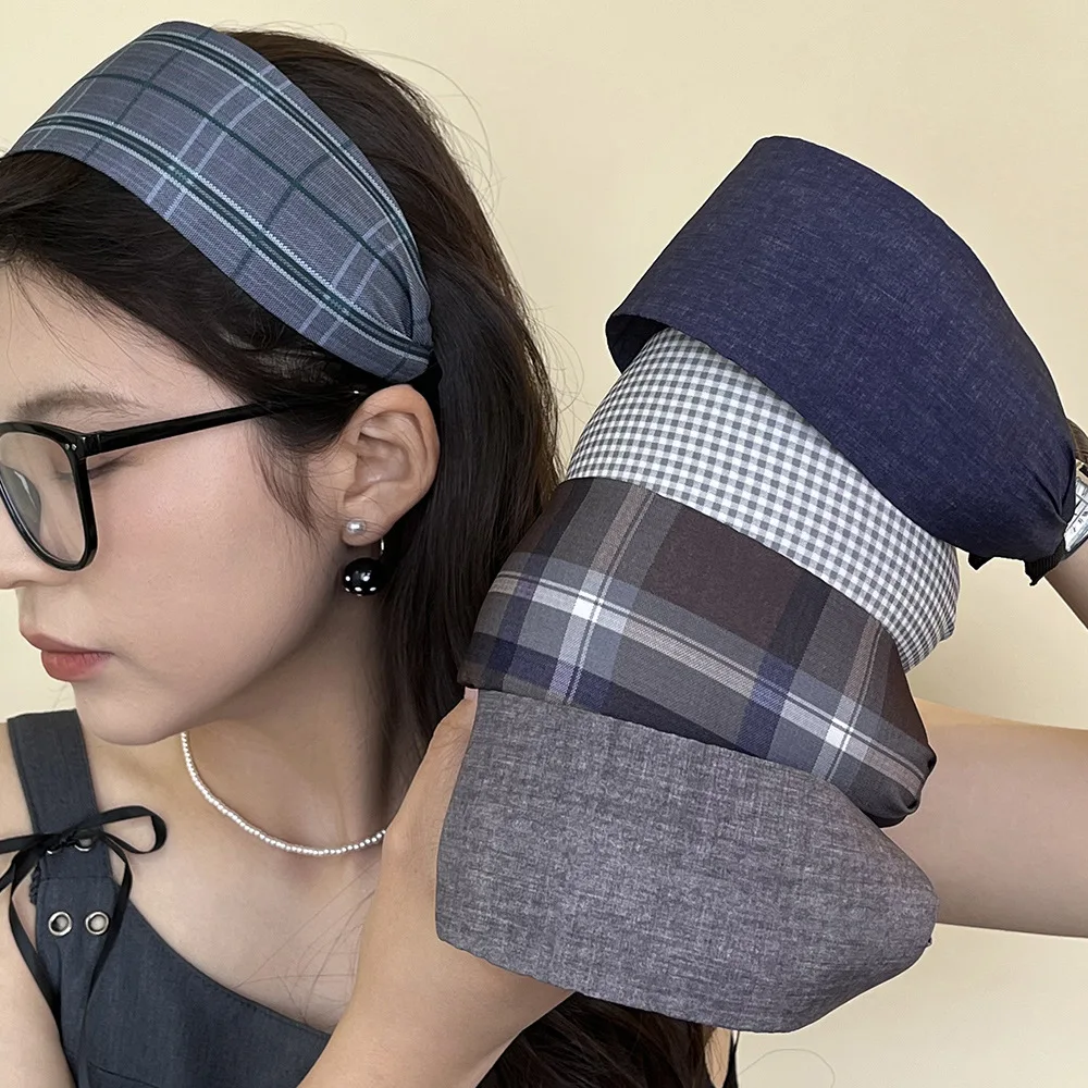 

Korean Blue Plaid Denim Wide-brimmed Headband Fashion Fabric Plaid Striped Hairband For Woman Spring and Summer New 2025