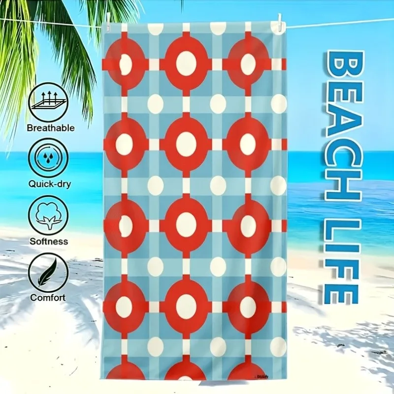 Red Circle Checkered Geometric Beach Towel For Retro Mid Century Style Poolside Sunbathing Portable Quick Dry Towel