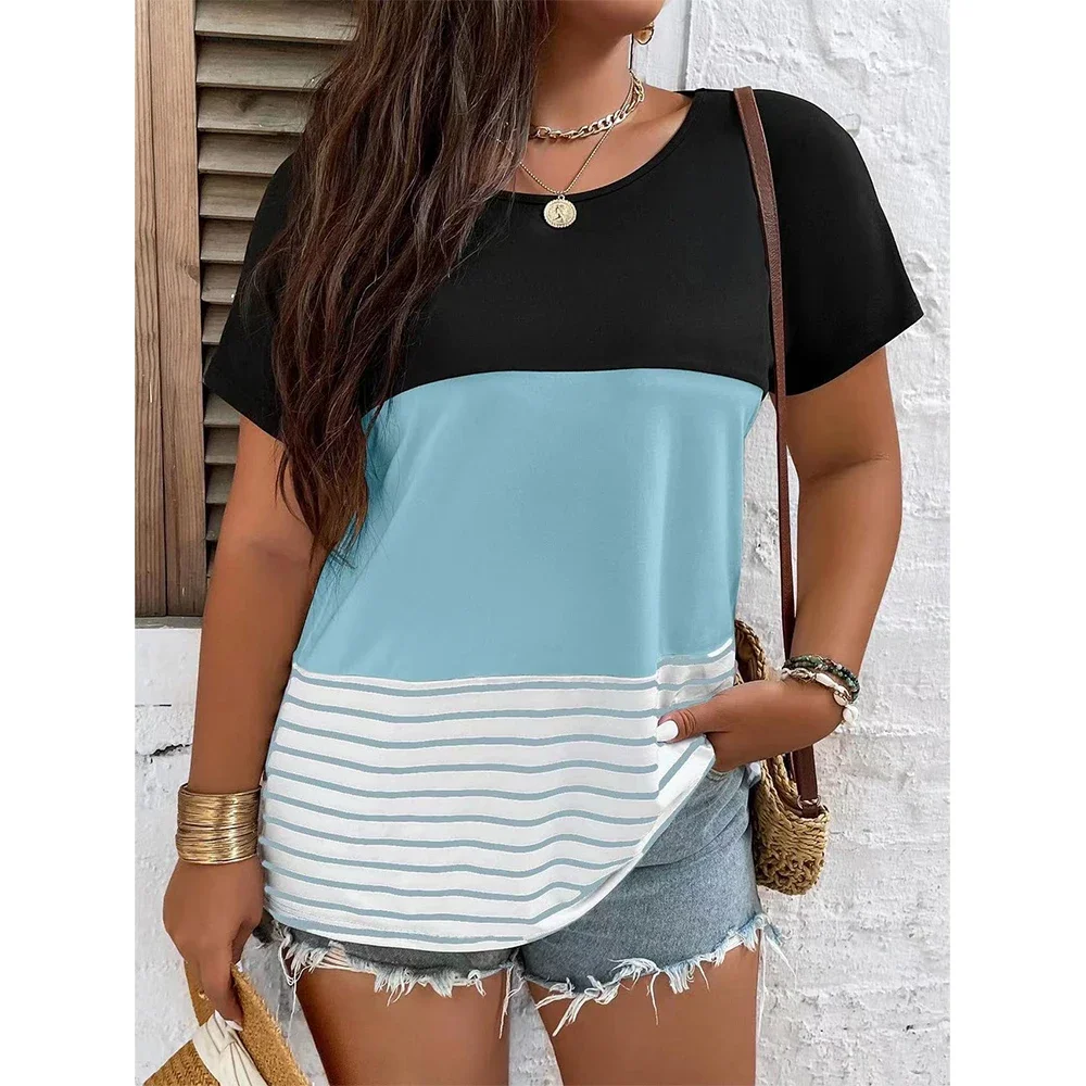 Camiseta de mujer con rayas coloridas y estampado 3d, Tops con cuello en V, camiseta informal sencilla a la moda para mujer, versión holgada de talla grande