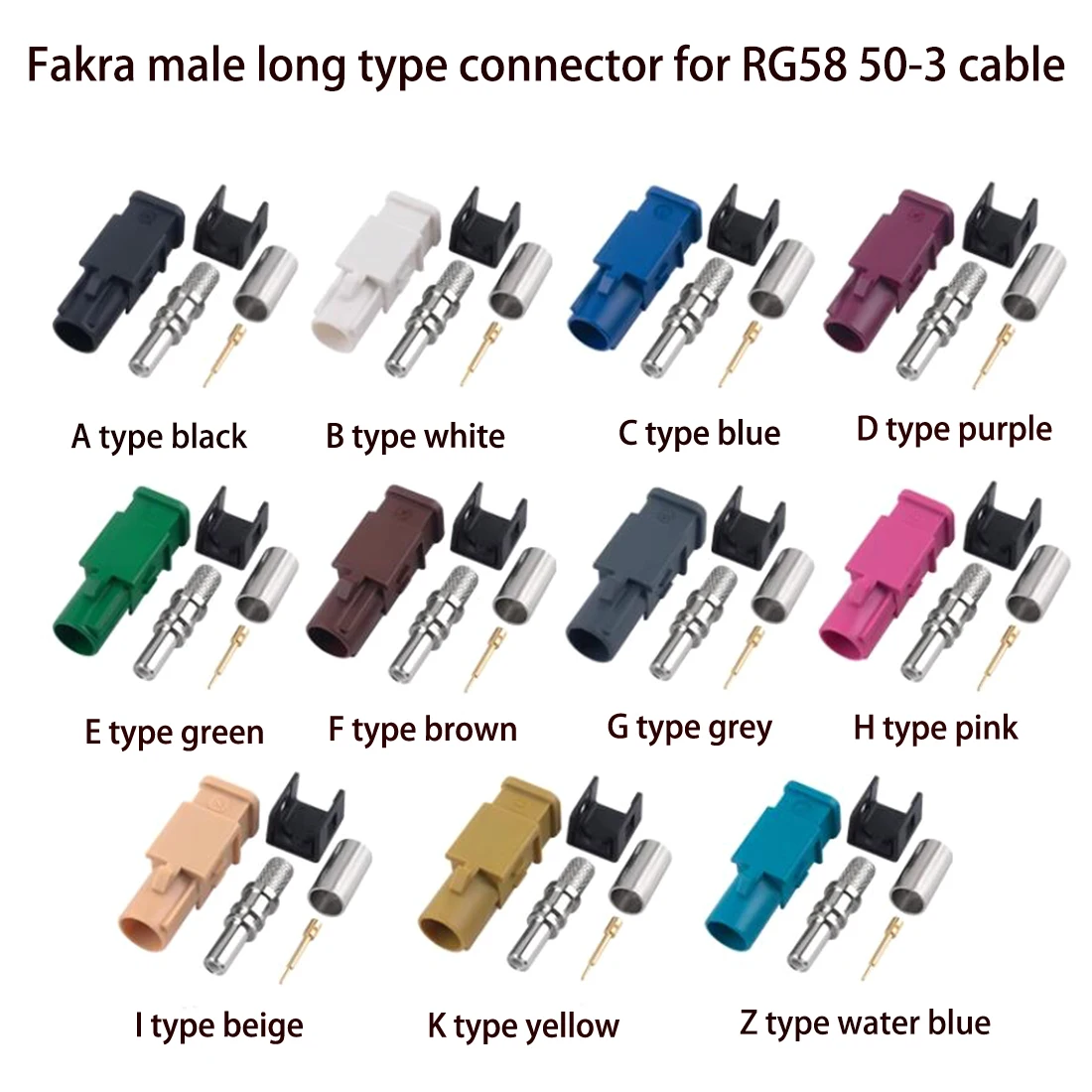 1pc Fakra Male Plug RF Coaxial Connector A/B/C/D/E/F/G/H/I/K/Z  Long Version SMB Crimp for RG58 RG142 50-3 Cable NEW Wholesale
