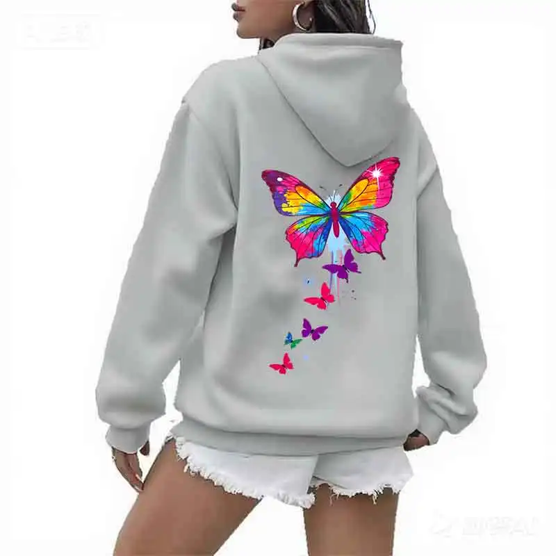 الملونة فراشة طباعة المرأة هوديي ربيع الخريف الشارع عارضة أزياء الكتف الأكمام أعلى تنوعا الاتجاه Y2K الملابس