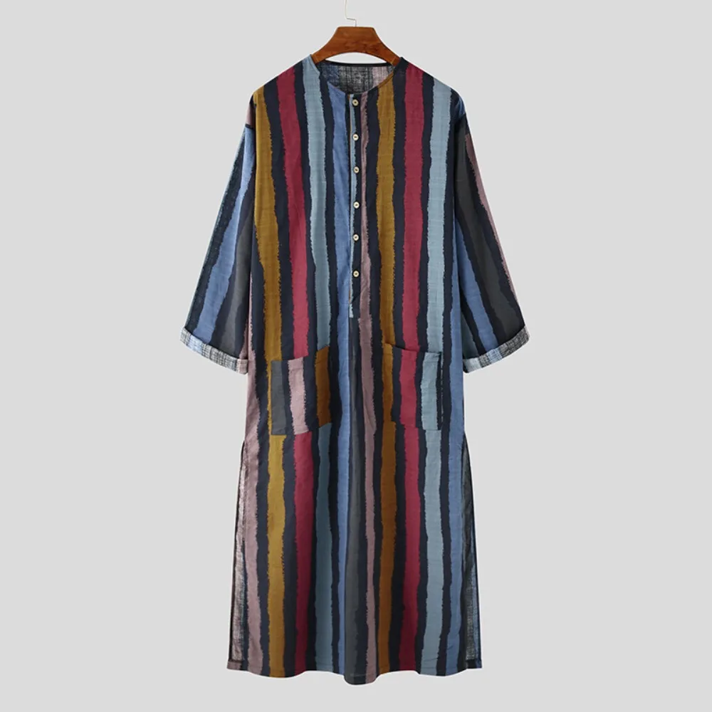Striped Print Shines! Middle Eastern Men's Long-sleeve One-piece Robe, Spring-Summer Arabian Muslim Wear Comfortable Style