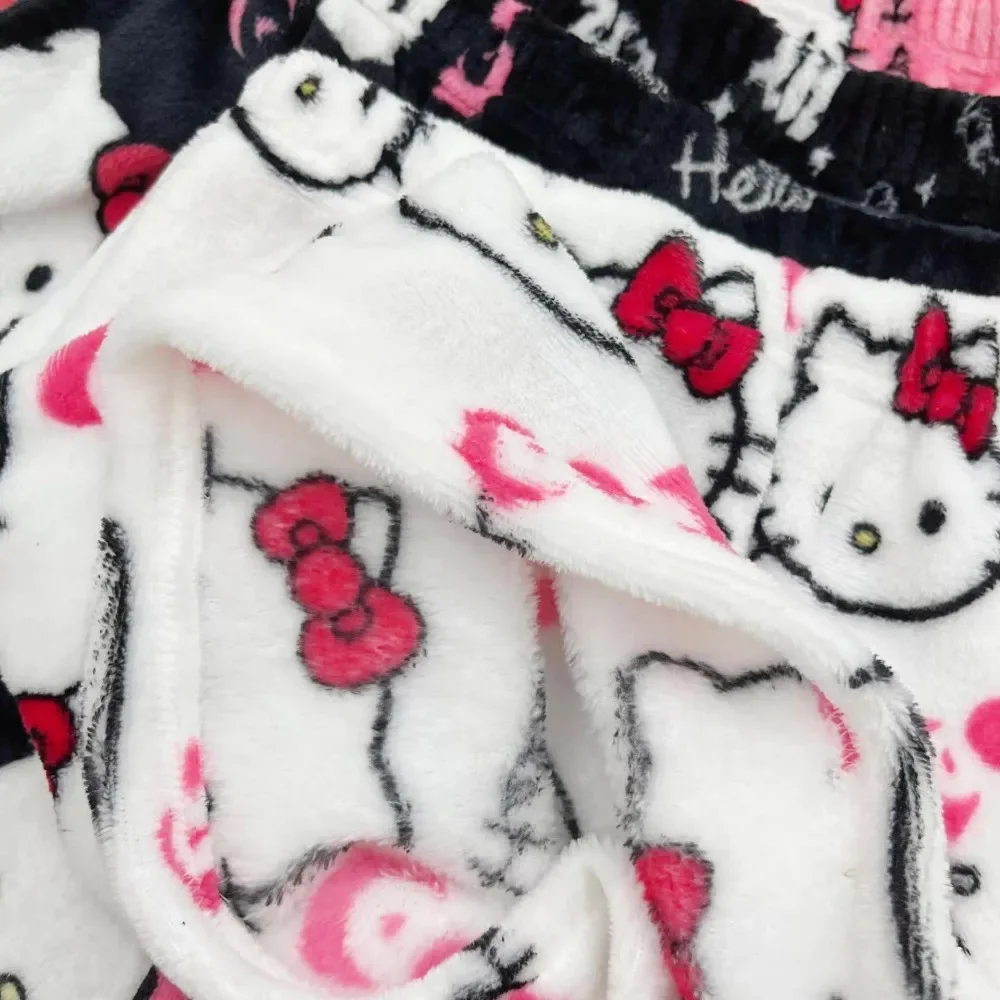 Hello Kitty pajamas law women's summer flannel new Y2K couple high waist wide leg hot pants casual walking pajama pants view 4