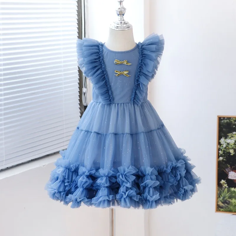 Girls Flutter Sleeve Princess Dress Summer Toddler Outfit Birthday Party Dress Elegant Tulle Dress Kids Clothing for 2-6 Years