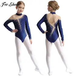 Children Girls Figure Skating Performance Costume Long Sleeve Mesh Rhinestone Leotard for Ballet Dance Gymnastics Acrobatics