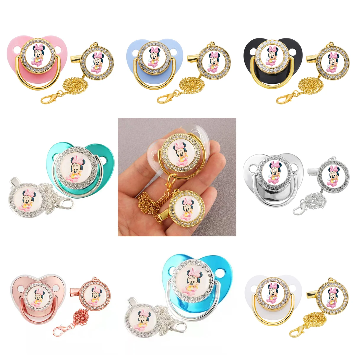 Pink Minnie Mouse Bling Baby Pacifier for Newborn Babies Rhinestones Disney Characters Print Pacifier Clips Dummy Holder Babies