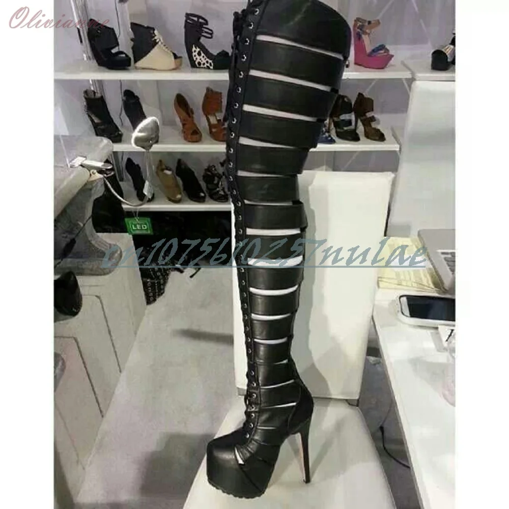

Front Lace-up Hollow Belts Strap Long Boots Stiletto High Heel Platform Over the Knee Sexy 2025 Summer Women Shoes Para Mujere