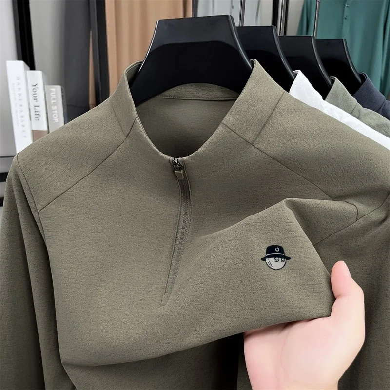 Neues Einfarbiges Herren-T-Shirt mit Stehkragen und Aufdruck, Herbst-Trend, Halber Reißverschluss, Langarm-Oberteil, Lässige Vielseitige Herrenbekleidung – Detail 12