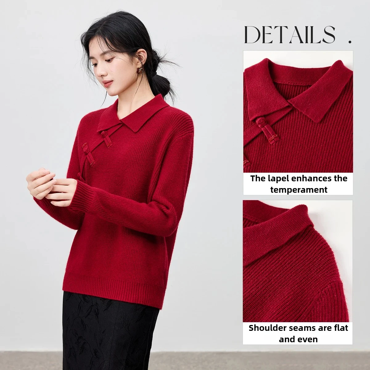 SENTUBILA Chinesischen Stil Elegante Pullover Frauen 2025, Herbst Solide Drehen Unten Kragen Pullover Lose Gestrickte Weibliche Tops W54EH3989