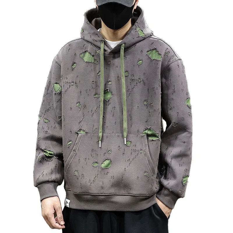 Broken hole hoodie men's 2024 autumn and winter new high-end trendy fashion design loose oversized casual loose hooded shirt