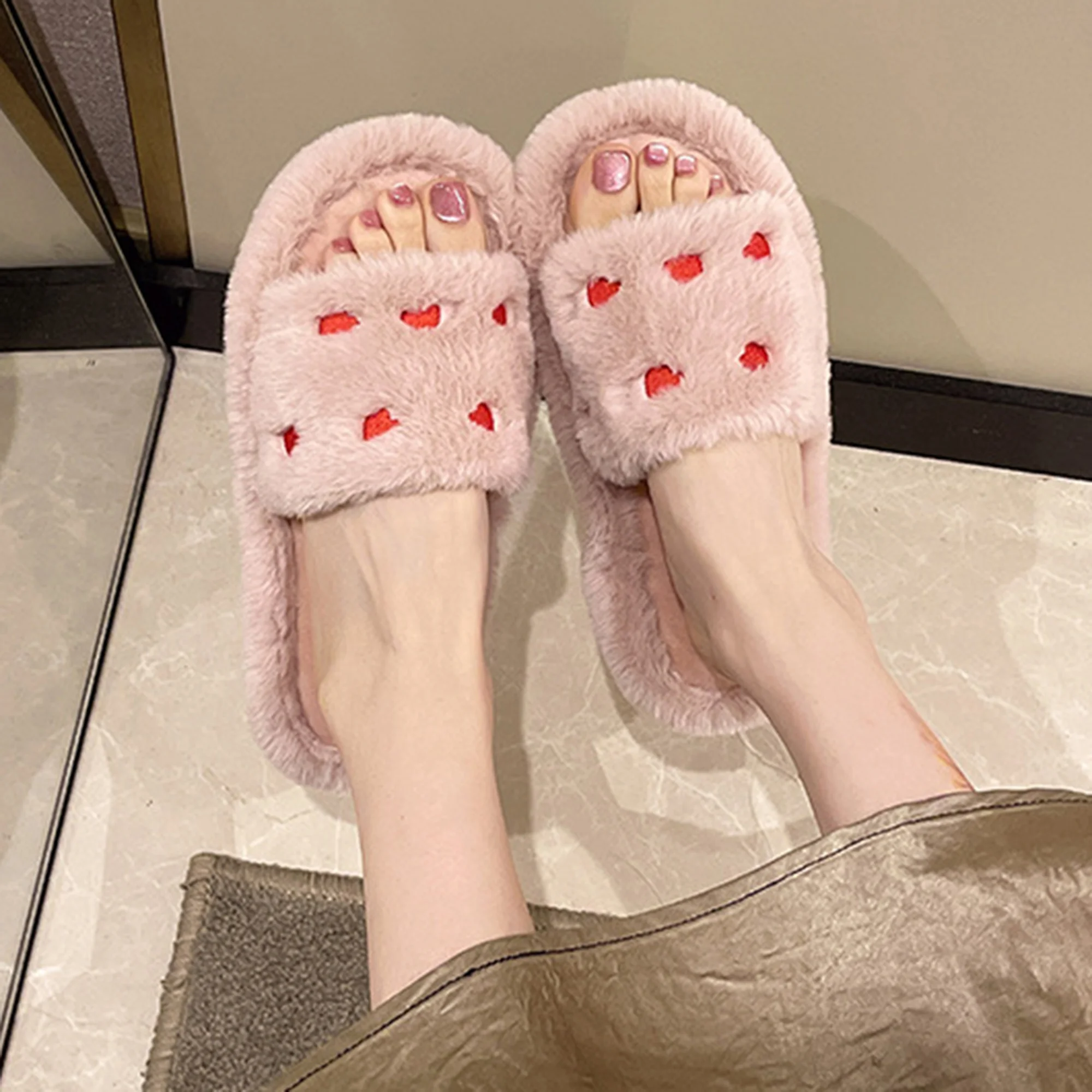 تو-المنزل المرأة النعال القلب شتاء دافئ غامض المفتوحة تو عدم الانزلاق البلاستيكية وحيد داخلي في الهواء الطلق أحذية منزلية مريحة