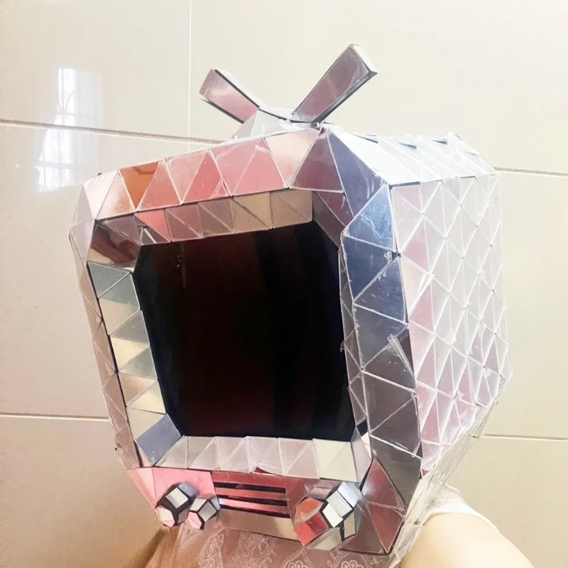 

Silver Mirror Man Women TV Headgear Wearable Performance Art Show Hemlet Parade Atmosphere Props Halloween Cosplay Hat