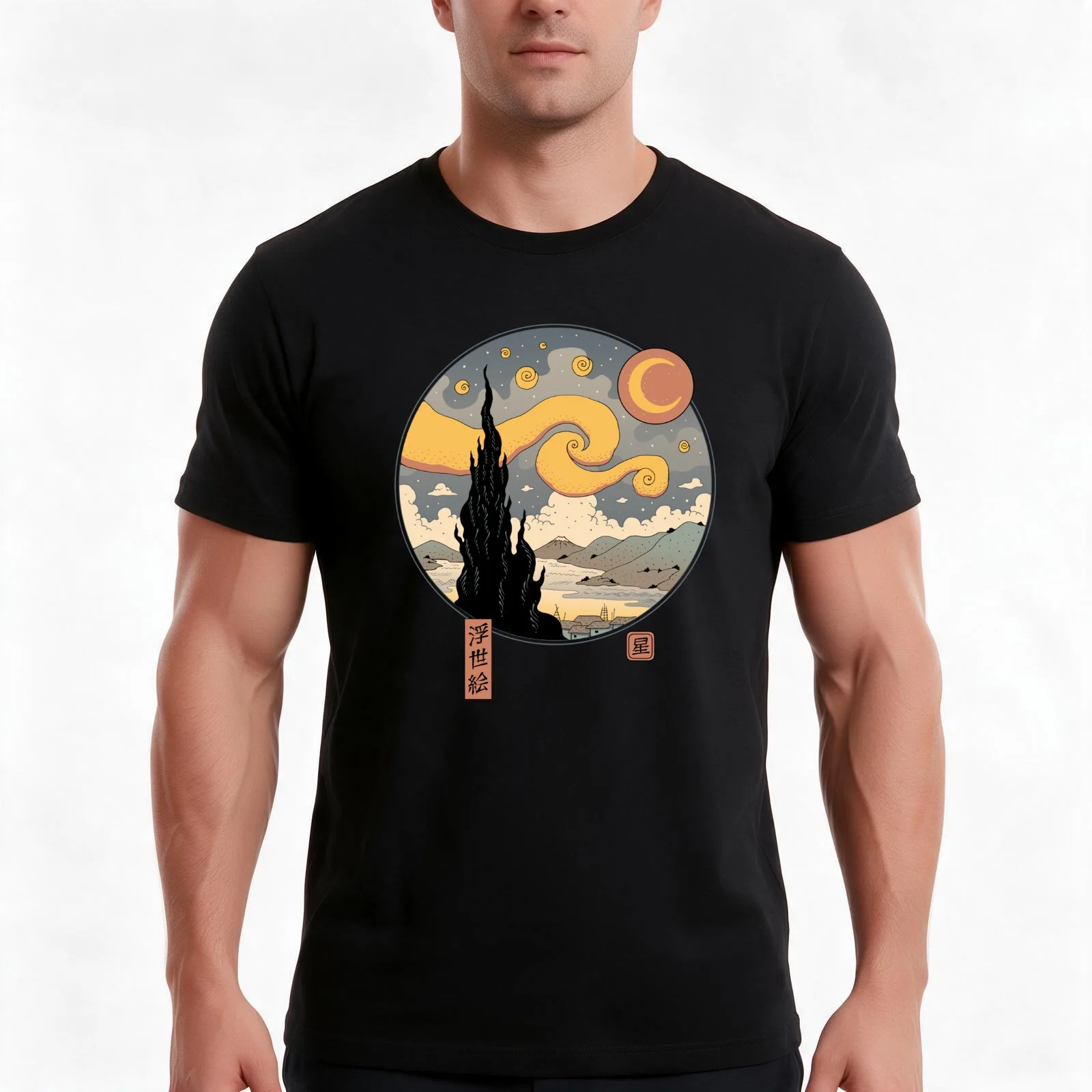 Starry Ukiyo-e Night T-Shirt, Summer Casual Cotton Tee, Oversized Streetwear Tops, Vintage Graphic Print, Loose Fit Short Sleeve