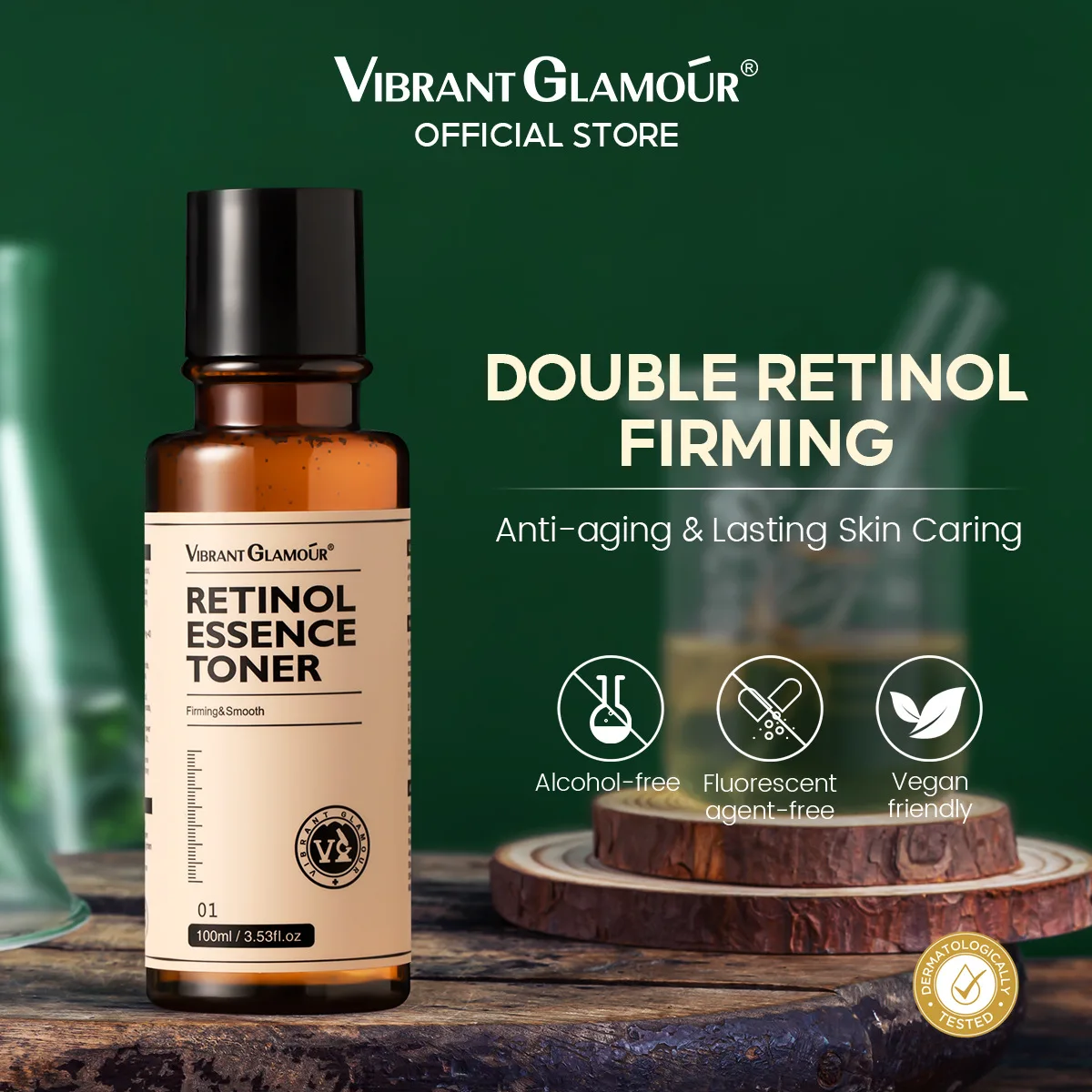 VIBRANT GLAMOUR Retinol Face Toner 100ml， Dual Action Anti Aging Pore Minimizing Lotion for Firming Skin， Hydrating Alcohol Free